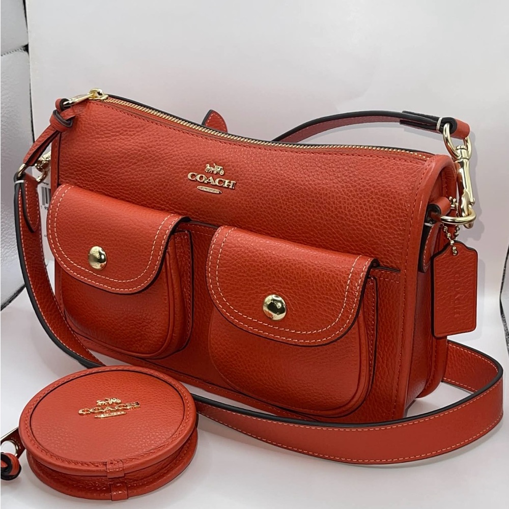Coach  PENNIE Red Leather Crossbody Saddle Bag with Coin Case